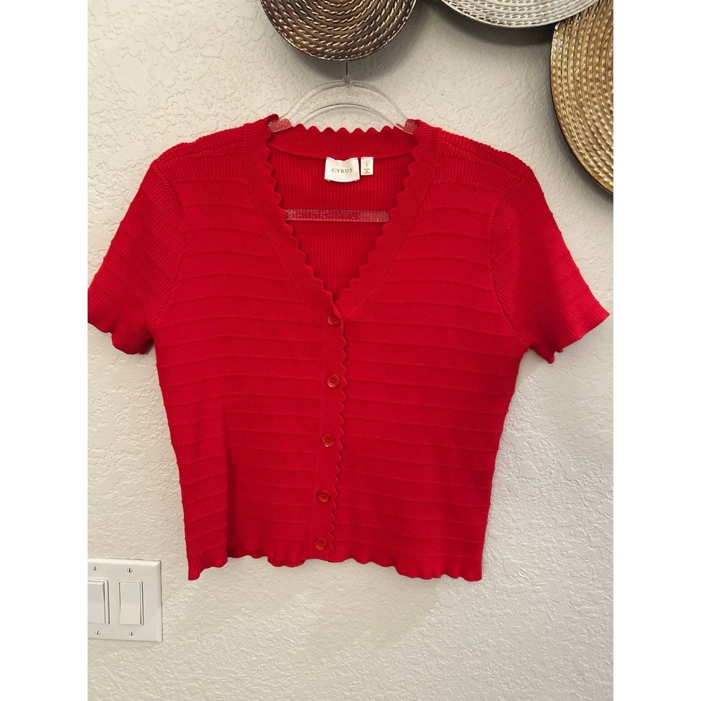 Cyrus red short-sleeve cardigan with a v-neckline and scalloped trim details L